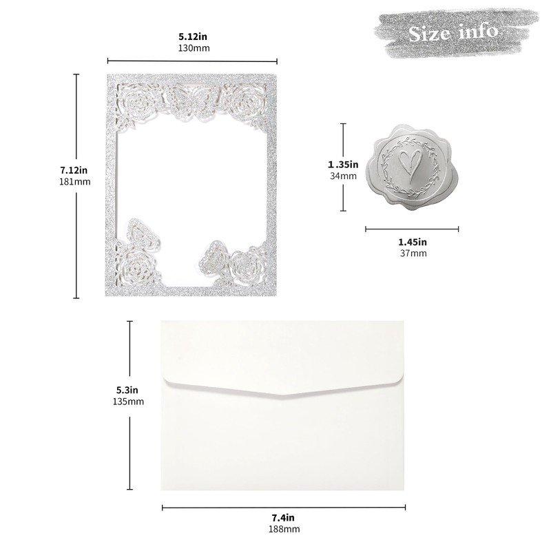 DORIS HOME 50Pcs Glitter Silver Butterfly Quinceanera Invitations, 5" x