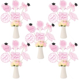Weekgrat 30 Pcs Pink Bow Graduation Party Decorations Class of 2025 Congrats Grad Table Centerpiece Decorations Congratulate Centerpiece Sticks Table Toppers for Graduation Party