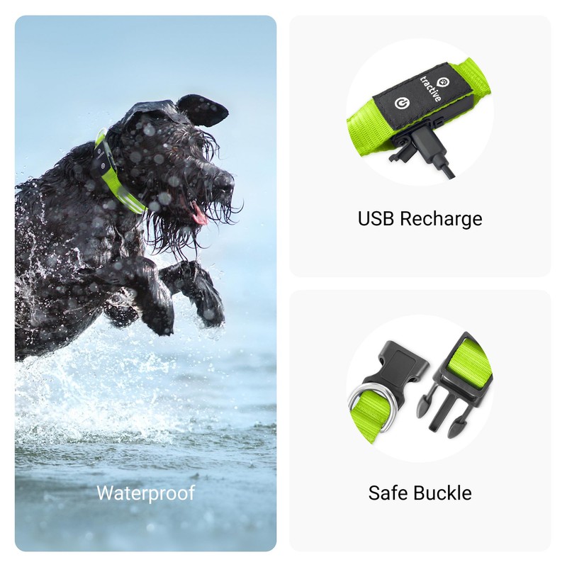 Tractive LED Light Up Dog Collar USB Rechargeable Waterproof (Green)