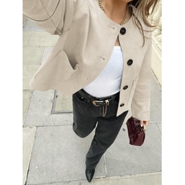 Cicy Bell Womens Faux Suede Leather Jackets Trendy Casual Cropped Outerwear Button Down Collarless Short Bomber Shackets