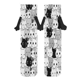 Xmkltbz 1 Pair Soft Socks Black Holding Hands, Compression Knee High Stockings Long Athletic Circulation 16x3.9 in Print Seamless Black White Grey Doodle Cat Kitten Heads Animal Pets Texture