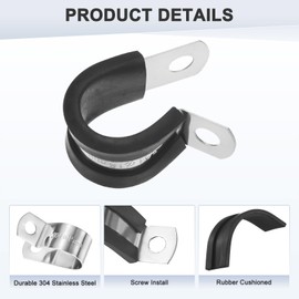 M METERXITY 6-Pack Cable Clamps, 19/32 Inch/ 15 mm 304 Stainless Steel Rubber Cushioned Insulated Cable Clamp R Shape Metal Holder for Tube/Wire/Pipe/Loop Installation