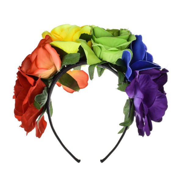 June Bloomy Rose Floral Crown Garland Flower Headband Headpiece for Wedding Festival (Rainbow)