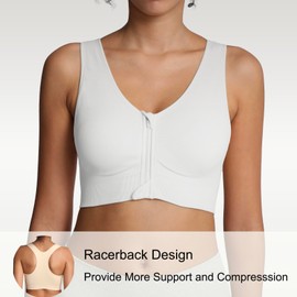 Lemef Sports Bras for Women Full Support Front Zip Closure Compression Bras Post Surgery Wireless Racerback Sport Brassiere White M