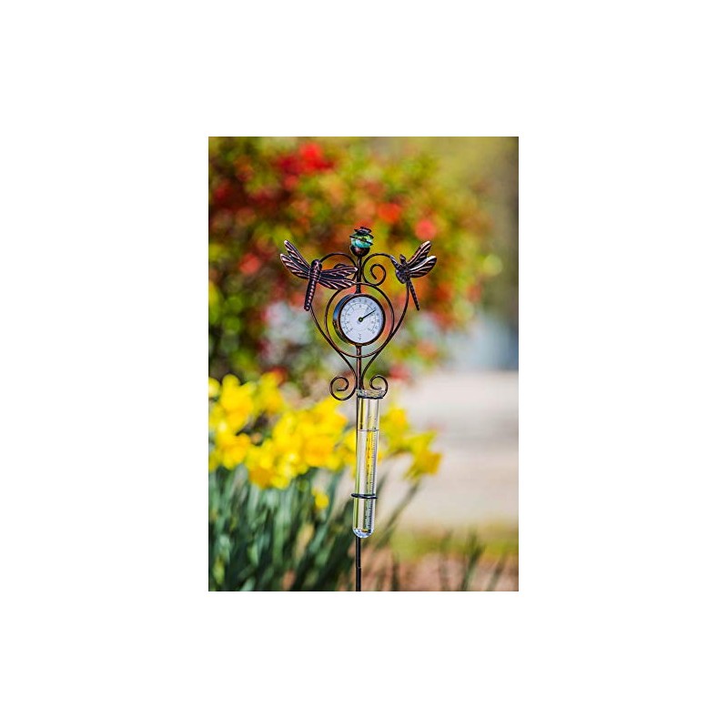 Evergreen Garden Outdoor Rain Gauge - Dragonfly Thermometer & Rain