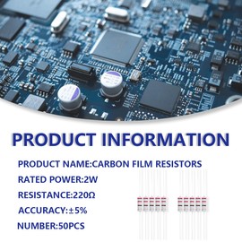 Innfeeltech 50 Pcs 2W 5% Tolerance 220 Ohm Carbon Film Resistor Resistance for DIY Project and Experiments