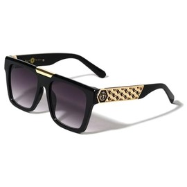 Dweebzilla Flat Top Square Gold Lion Head Medallion Coin Badge Honeycomb Retro Sport Luxury Aviator Sunglasses (Black & Gold Frame - Black Gradient Lenses)