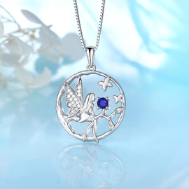 FJ Guardian Angel Necklace Pendant, 925 Sterling Silver, Angel Chain, Women's Fairy Butterfly Tree of Life Necklace with Birthstone, Cubic Zirconia Jewellery Gifts for Women and Girls, Sapphire