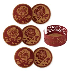 Mango Steam Set of Six Rose Decorative Coasters For Drinks & Mugs With Metal Holder, Red