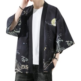 PRIJOUHE Kimono For Men Japanese Style Kimono Robe Jacket Lightweight Open Front Cardigan Seven Sleeve Yukata Coat