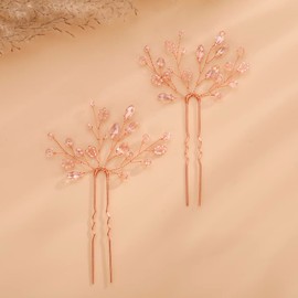 Teyglen 2pcs Crystal Bride Wedding Hair Pins Red Rhinestones Beads Hair Pins Set Bridal Hair Accessories Gold Silver Purple Blue Rhinestones Hair Pieces for Women Girls (Pink)