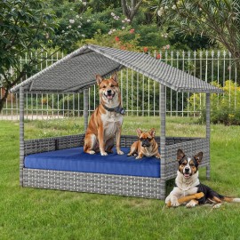 TAUS Large Wicker Dog House with Cushion Outdoor Indoor Rattan Doghouse