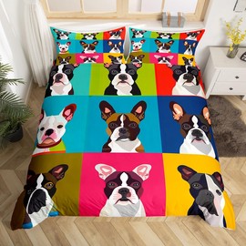 jejeloiu Boston Terrier Bedding Set Twin Size Kids Cute Dog Comforter Cover for Boys Girls Teens Kawaii Pet Colorful Grid Duvet Cover Soft Lightweight Microfiber Room Decor,No Stuffing