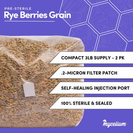 Mycelium Rye Berries Grain Spawn | 2-Pack (3 lb Each) Pre-Sterilized Mushroom Substrate Bags with Self-Healing Injection Ports | Ideal for Bulk & High-Yield Cultivation | Easy & Ready to Use