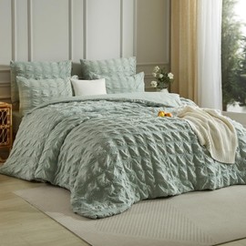 Luowei Seersucker Bed Linen 135 x 200 cm Checked Grass Green Green Fluffy Non-Iron Aesthetic Set Summer Cooling Duvet Cover 135 x 200 cm with Zip and Pillowcase 80 x 80 cm