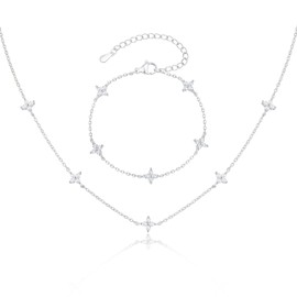 Jewellery Set Women's Necklace Gold Silver – Chain Women's Bracelet Made of Copper, 18 K Gold-Plated Jewellery Set Girls Women with Zircon Clover, Waterproof Fashion Jewellery Bridal Jewellery for