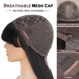 Datanala Straight human hair bob wig with bangs 8inch 3x1 HD Lace Glueless Wigs Wear and Go human hair Bob Wig With Bangs Short Bob Wig Natural Black Color For Women