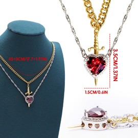 BYETOCE Heart and Sword Couples Necklace Gold Stainless Steel Pink Heart Zirconia Chain Trendy Matching Sword Through Heart Necklace Set Romantic Necklaces for friend Couple (Silver red gold)