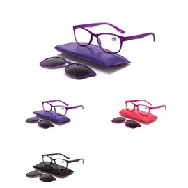 Lesebrille für Damen und Herren, rund, Clip-On, polarisiert, mit Magnet, UV-Schutz 400, magnetisch, Rot/Fuchsia, 3,00