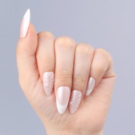3D Pearl French Press On Nails – Medium Almond Shape Nude Pink & White Acrylic Fake Nails with Sculpted Design, Reusable Stick On Nails for Women, 24PCS with Glue and Full Manicure Kit