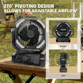 Camping Fan with 4 LED Lights, 20000mAh Battery Operated with Remote Control, Adjustable Speed and Timing Desk Fan, Portable Outdoor Fan with Hook for Tent, Fishing, Beach, RV, Jobsite-black