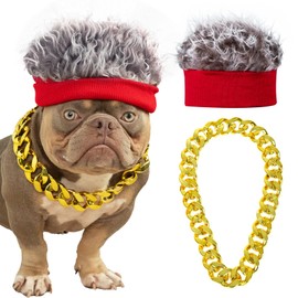 Wodison Dog Costume Set Hip Hop Wig Cap and Gold Dog Chain Collar Adjustable Dog Costumes Cool Cosplay Accessories for Medium to Large Pet Birthday Holiday Party Daily Life(Khaki Red, No Diamond)