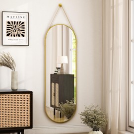 HARRITPURE Full Length Mirror Oval Hanging Mirror 16"x48" with Leather Strap Aluminum Frame Wall-Mounted Hanging Mirrors for Bathroom Vanity Living Room Bedroom Entryway, Gold