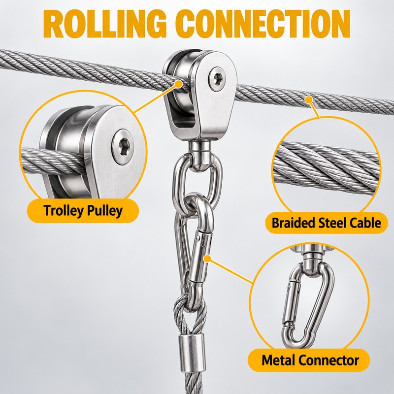 Outdoor Dog Tie Out Trolley Cable System Kit with Pulley,