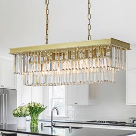 A AXILIXI Rectangular Crystal Chandelier Gold for Dining Room Modern Chandelier Rectangle Linear Pendant Light Fixtures for Kitchen Island L33” K9 Luxury Long Chandelier for Living Room