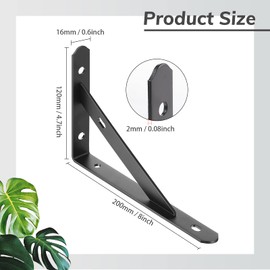 HOTOP Shelf Brackets Shelf Brackets Angle Shelf Bracket Wall Black Heavy Duty Support 90 Degree Right Angle Metal Shelf Bracket 200 x 120 x 16 mm Pack of 6