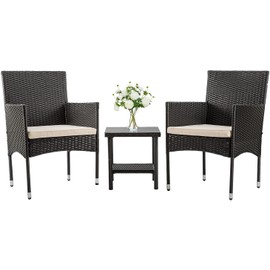 RROCOSIA Patio Furniture Sets, Outdoor Small Wicker Furniture Patio Set Conversation Sets 3 Piece Patio Sofa with Table for Balcony Backyard Front Porch Decor，Black