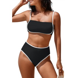 Pink Queen Women's High Waisted Bikini Sets Sporty Two Piece Swimsuits Color Block Cheeky High Cut Bathing Suits Black S