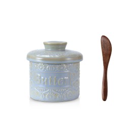 iobiotio Butter Crock for Countertop, Ceramic Butter Crock with Lid and Wooden Knife, Butter Keeper with Water Line for Fresh Spreadable Butterfor, Blue