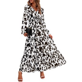 BTFBM Women Fall Dresses 2024 Casual Long Sleeve V Neck Maxi Dresses Floral Boho Long Dress Wedding Guest Dress(Black White Flower,Small)