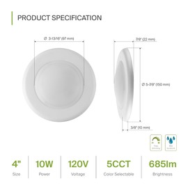 ASD 6 Pack LED Disk Lights 4 Inch, 10W 5CCT 2700K-5000K 685LM CRI90+, Dimmable Flush Mount Ceiling Light Fixture, Low Profile Surface Mount Disc Lights, Junction Box or Recessed Can Install, UL