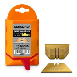 Berkling Utility Knife Blades Titanium Plated 50 PCS With Dispenser, SK2H Laser Sharpened Hardened, Ultra 3X Sharper and 15X More Durable, Standard T-Shape Replacement Box Cutter Razor Blades