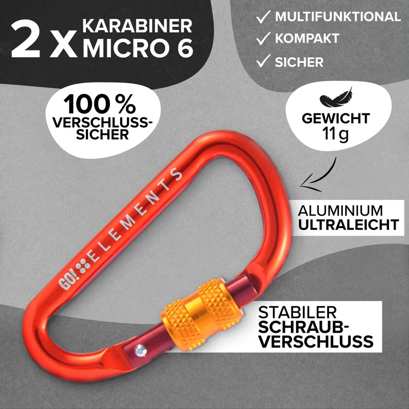 GO!elements Mini Carabiner Micro 6 with Screw Fastener, red