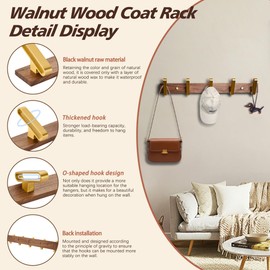 OUJUN Coat Rack Wall Mounted, 19.69 Inch Solid Walnut Wood Wall Mount Coat Hooks with 5 Golded Metal Hooks for Hanging Clothes Hat Bag and Key.Modern Coat Rack for Entryway Bedroom Bathroom Kitchen