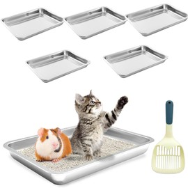 BNOSDM 6 Pcs Stainless Steel Litter Pan Low Entry Shallow Cat Litter Box Open Top Cat Box Nonstick Metal Litter Tray for Small Pets Cats (15.7x11.8x1.9 Inch)