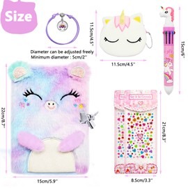 Wieat Secret Diary for Girls, Cat Lockable Diary with Lock, Stationery Set for Girls, Plush Cat Notebook, Unicorn Cat Coin Purs Unicorn Pen/Bracalets, Crystal Sticker, Gift for Kids Age 5 6 7 8 9 10