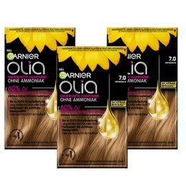 Garnier Olia 7.0 Medium Blonde Permanent Hair Colour without Ammonia, with Nourishing Natural Oils, Full Grey Hair Coverage, Permanent Colouration - 3 x 1 Piece