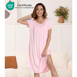 NACHILA Womens Nightgowns -Viscose Made from Bamboo,Soft Nightshirt Short Sleeve Sleepwear Pleated Sleepdress Cool Sleepshirt Pink L