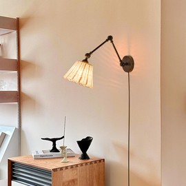 SUNLLOK Modern Plug in Wall Sconces with Switch - Industrial Swing Arm Rattan Lampshade Wall Light Fixture - Indoor Metal Rustic Reading Wall Mounted Lamp Decoration for Living Room, Bedroom