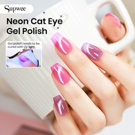 SUPWEE 12 Colors Neon Cat Eye Gel Nail Polish with Magnetic Cateye Nail Polish Gel Yello Pink Purple Cat Eye Effects Summer Collection for Home Manicure