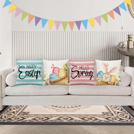 BOFKYIC Happy Easter Bunny Decorative Throw Pillow Covers 22x22 Set of 4 Easter Rabbit Eggs Cushion Case Decor Pink Hello Spring for Home Outdoor Decoration for Sofa Couch 22by22