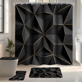 LIGHTINHOME 4 PCS Modern 2D Black Gold Shower Curtain Set 72Wx72H,Toilet Lid Cover,Non-Slip Rugs and U-Shaped Mat,Luxury Triangle Bathroom Sets with Rugs Shower Accessories 12 Hooks for Bathroom Decor