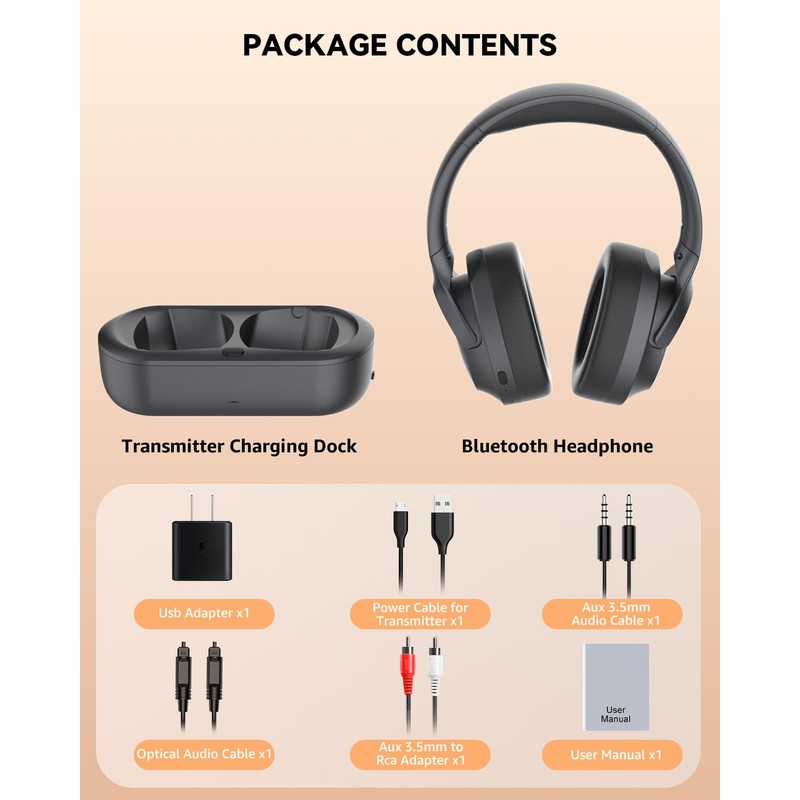 ANSTEN Wireless Headphones for TV Watching with Digital Optical RCA