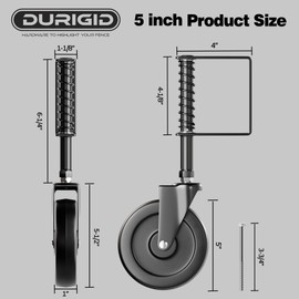 DURIGID 5” Spring Loaded Gate Caster Heavy Duty Gate Wheels for Wooden, Vinyl and Metal Gates, Gate Wheel with 360° Swivel, Ideal for Outdoor Fence Gates, 200 Lbs Capacity, 1 Pcs, Black