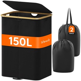 Lifewit 150L Double Laundry Hamper with Lid, Large Dual Laundry Basket Removable Bags, 2 Sections Aesthetic Clothes Hampers for Laundry with Bamboo Handles for Bedroom Bathroom Dorm, Black