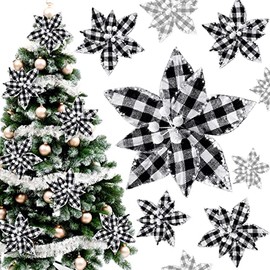 Syhood 12 Pieces Buffalo Plaid Poinsettias Christmas Tree Ornaments Artificial Christmas Flowers with Glitter Powder for Christmas Tree Wreaths Garland Holiday Decorations 6.7 Inch (Black and White)